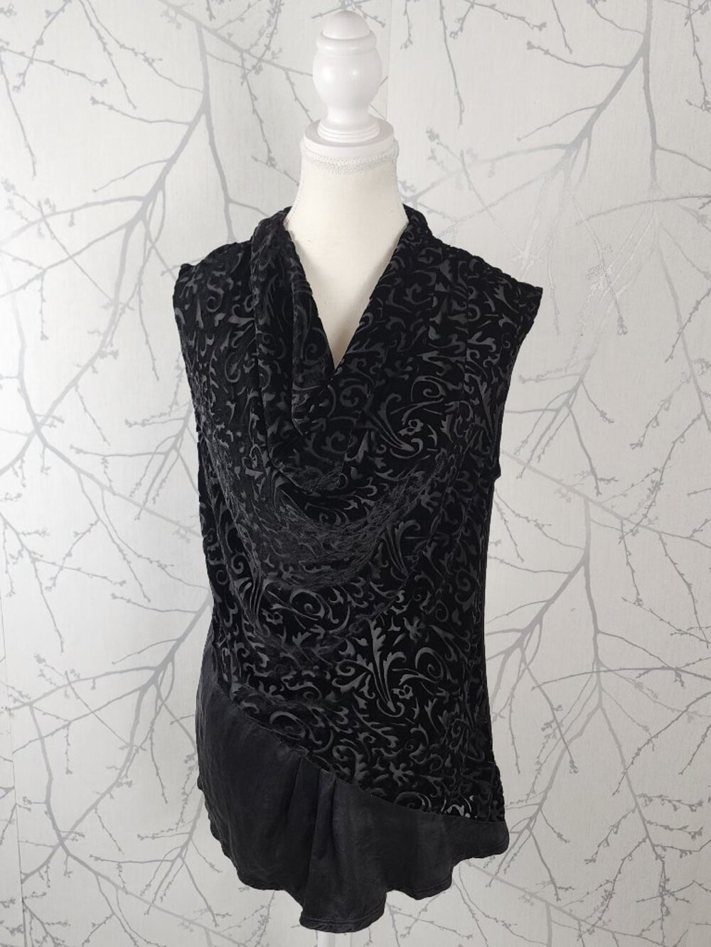 Laquette Black Velvet Burnout Cowl Neck Cap Sleeve Tunic